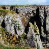 Limestone cliffs topped with green and yellow grass with blue skies above. Location is Stack Rocks, Pembrokeshire