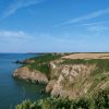 View across a number of small headlands extending out into the calm blue sea on a sunny day with blue skies above. The clifftops are covered with a smattering of green grass and gorse with yellow dry fields behind. Location pictured is St Anne&#039;s Head, Pembrokeshire