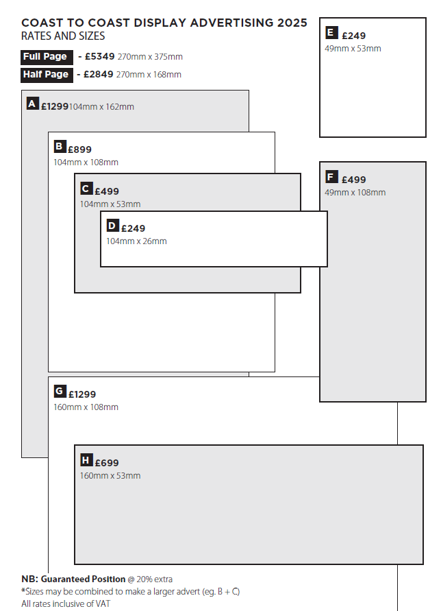 Image of different display advert sizes and prices for Coast to Coast 2025.