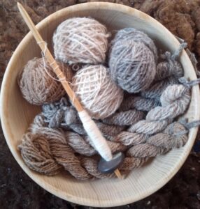 A wooden bowl filled with yarn and a drop spindle.