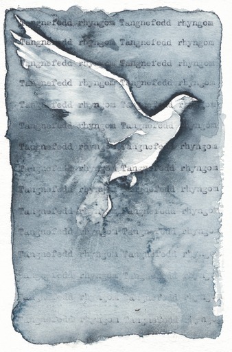 A painting of a white dove against a background of parchment paper with faded words on it.